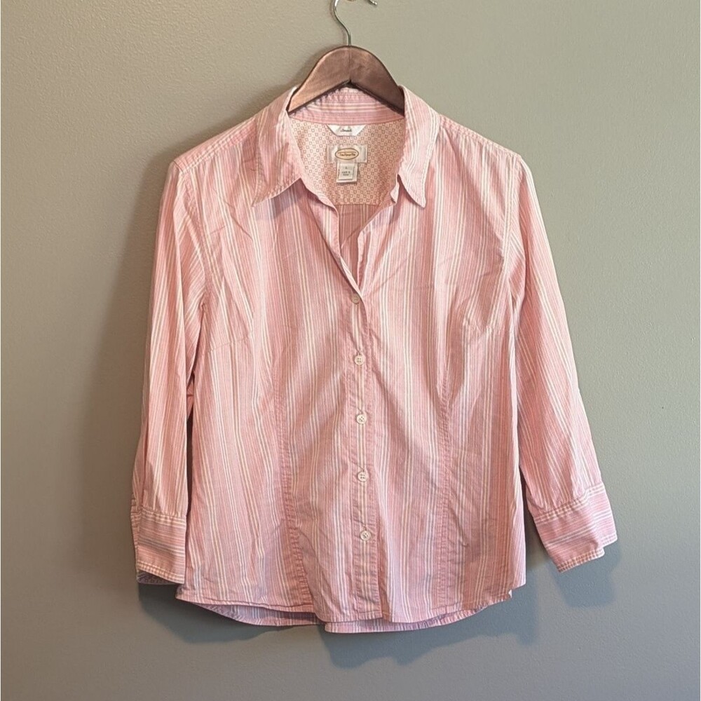Talbots Womens Large Pink Striped Button Up Shirt Stretch LS Open Collar L